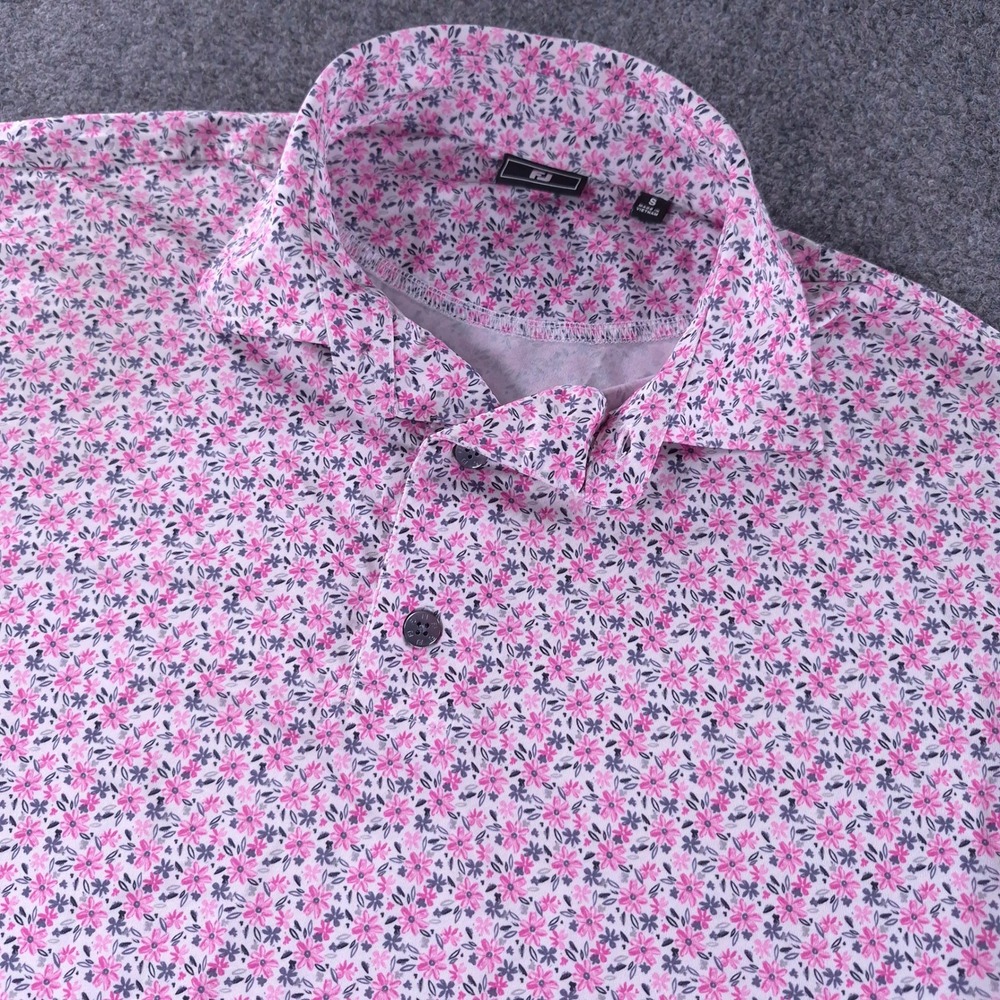 FootJoy Mens Lisle Floral Golf Polo Shirt Pink Purple Floral Print Small